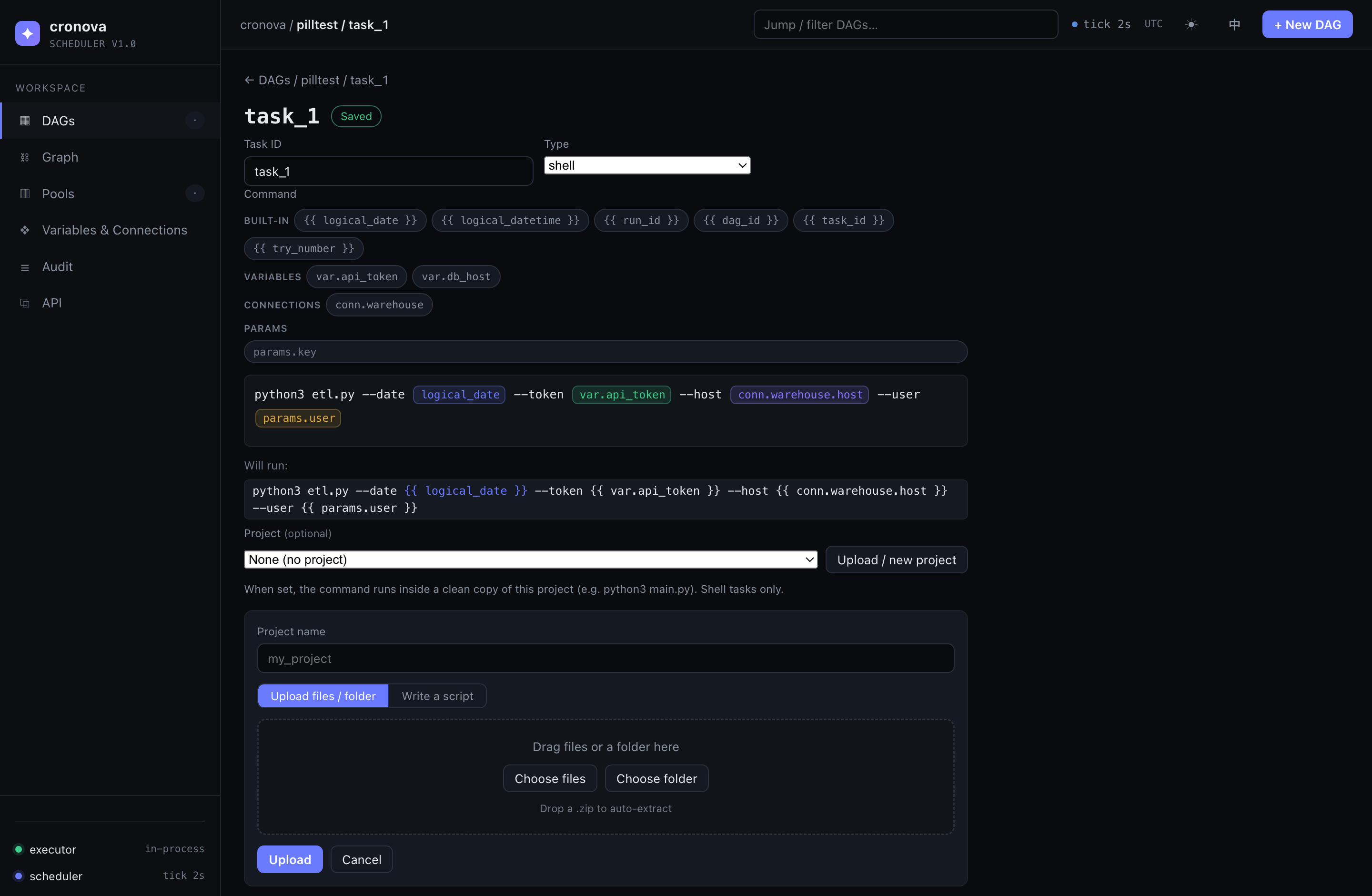 cronova web console — visual task editor with drag-and-drop template variable pills